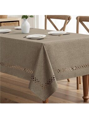 NEW MIULEE Khaki Rectangle Linen Polyester Tablecloth with Decorative Cutouts